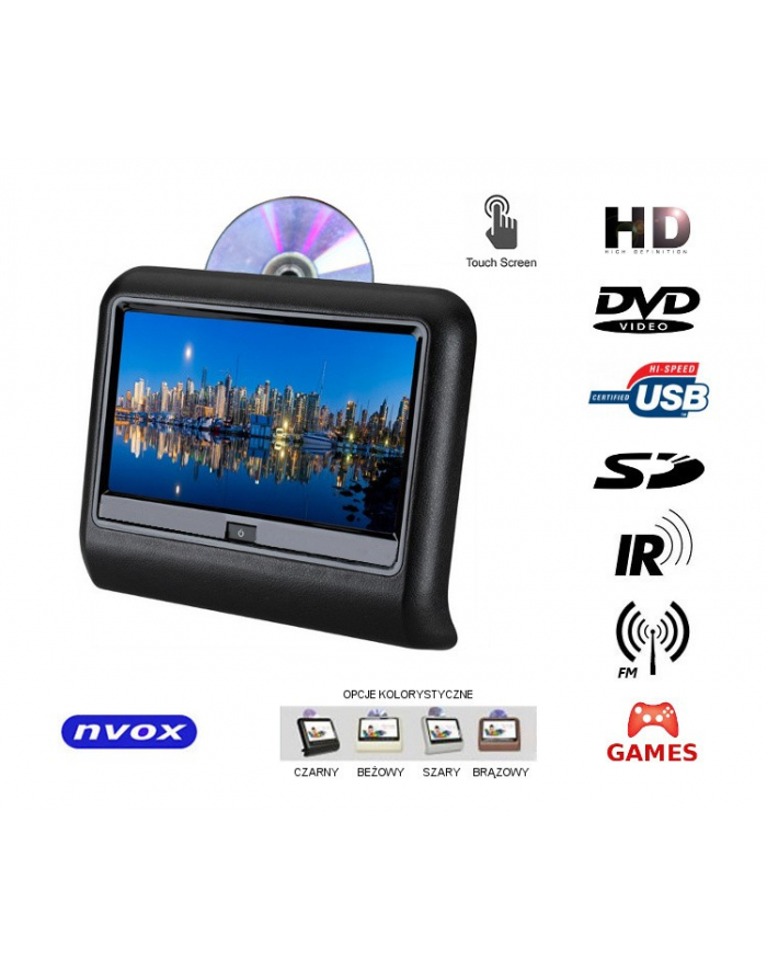 NVOX Monitor dotykowy zagłówkowy LED 9 cali HD DVD USB SD IR GRY główny