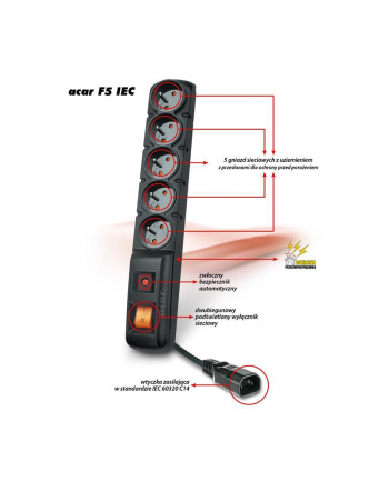 HSK Data (Acar) Acar F5 IEC listwa zasilająco-filtrująca, czarna 1,5m