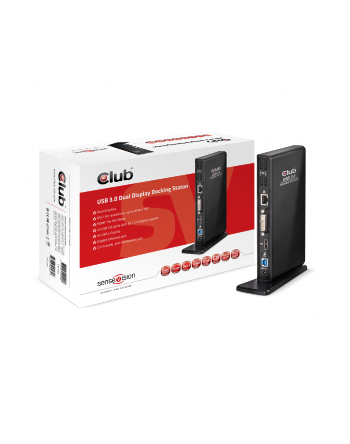 Club3D SenseVision Dual Display Docking Station 3xUSB3.0/4xUSB2.0/DVI/HDMI/LAN/2xJack główny