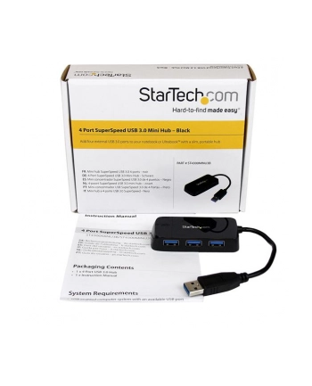 BLACK 4 PORT MINI USB 3.0 HUB StarTech.com 4 Port USB 3.0 SuperSpeed Hub - Schwarz - Portabler externer Mini USB Hub mit eingebautem Kabel