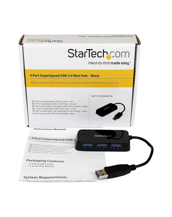 BLACK 4 PORT MINI USB 3.0 HUB StarTech.com 4 Port USB 3.0 SuperSpeed Hub - Schwarz - Portabler externer Mini USB Hub mit eingebautem Kabel główny