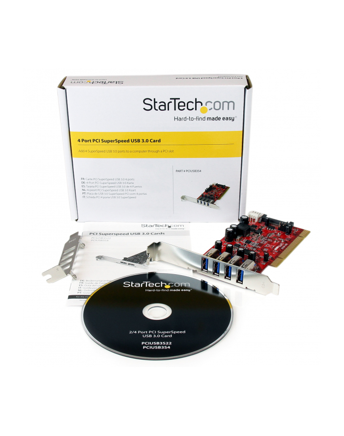 4 PORT PCI USB 3 ADAPTER CARD StarTech.com 4 Port USB 3.0 PCI Schnittstellenkarte - PCI SuperSpeed USB 3.0 Controller Karte - 2 x USB3.0 (Buchse) je 1x SATA/SP4 intern główny