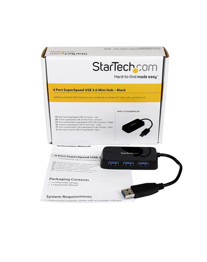 BLACK 4 PORT MINI USB 3.0 HUB StarTech.com 4 Port USB 3.0 SuperSpeed Hub - Schwarz - Portabler externer Mini USB Hub mit eingebautem Kabel główny