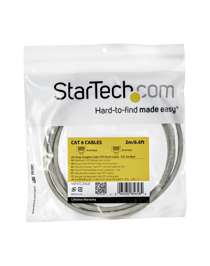 2M GRAY CAT6 PATCH CABLE StarTech.com 2m Cat6 Gigabit Snagless Patchkabel - RJ45 UTP Netzwerkkabel mit Schutzmanschette - Cat 6 Kabel - Grau główny