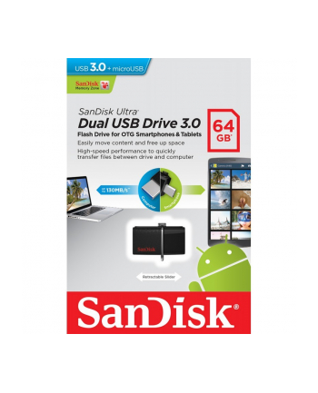 Sandisk pamięć USB Ultra DUAL 64GB USB 3.0, Odczyt: do 130MB/s (dla Android)