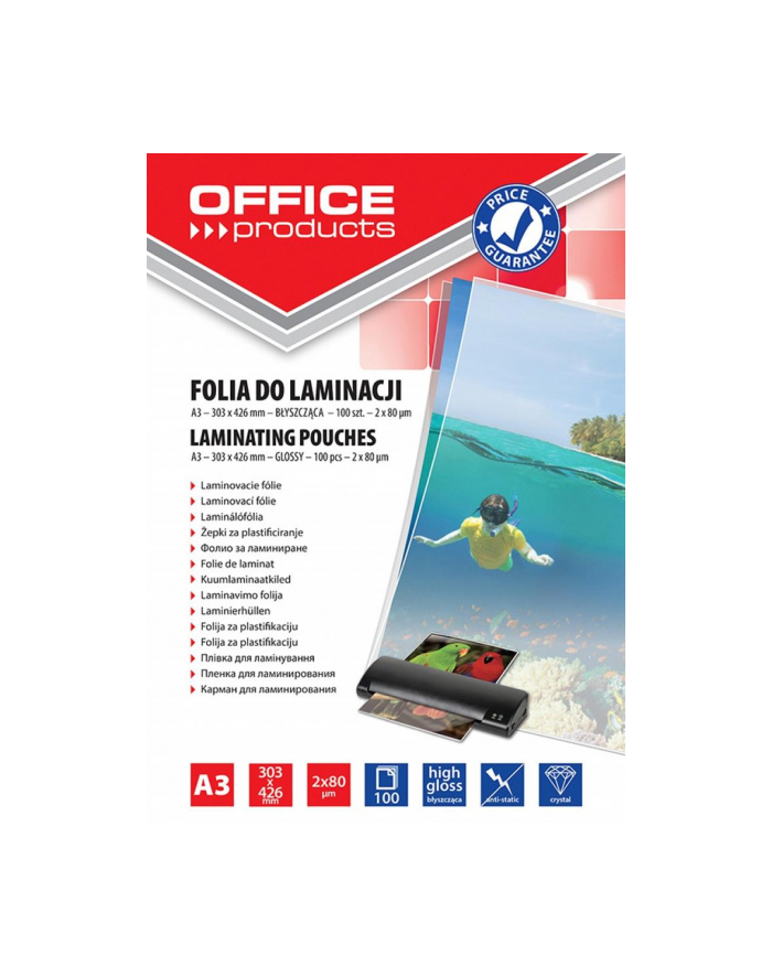Folia do laminowania OFFICE PRODUCTS, A3, 2x80mikr., błyszcząca, 100szt., transp główny