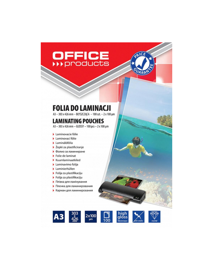 Folia do laminowania OFFICE PRODUCTS, A3, 2x100mikr., błyszcząca, 100szt., trans główny