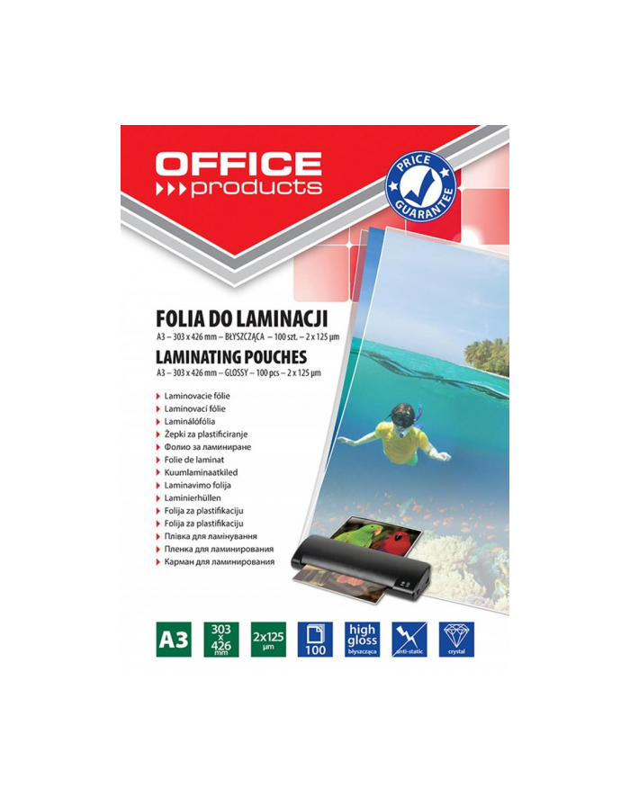 Folia do laminowania OFFICE PRODUCTS, A3, 2x125mikr., błyszcząca, 100szt., trans główny