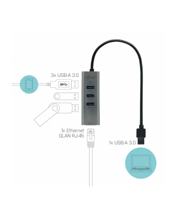 i-tec USB 3.0 Metal 3 port HUB Gigabit Ethernet 1x USB 3.0 do RJ-45 3x USB 3.0