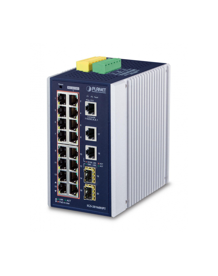 PLANET 16Port 10/100/1000T PoE Switch Industrial 16-Port 10/100/1000T PoE Switch 2-Port Gigabit Uplink + 2-Port Gigabit SFP Uplink managed główny
