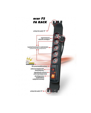 HSK Data (Acar) Acar F5 FA RACK,listwa zasilająco-filtr,5 gniazd do szaf 19'',czarna,3m