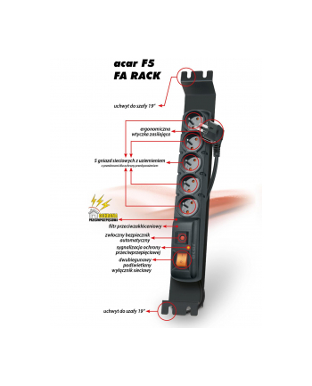 HSK Data (Acar) Acar F5 FA RACK,listwa zasilająco-filtr,5 gniazd do szaf 19'',czarna,3m