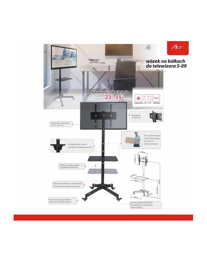 art Stolik/wózek na kółkach + uchwyt do TV 23-55' 25 kg S-09 główny