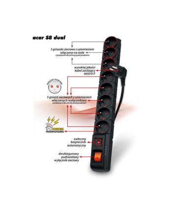 HSK Data (Acar) Acar S8 dual, listwa przeciwprzepięciowa, 8 gniazd, czarna, 1.5m