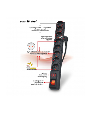 HSK Data (Acar) Acar S8 dual, listwa przeciwprzepięciowa, 8 gniazd, czarna, 5,0m