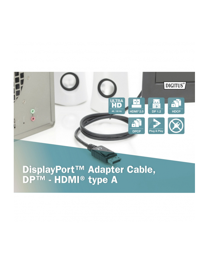 assmann Kabel adapter DisplayPort 1.2 z zatrzaskiem 4K 60Hz UHD Typ DP/HDMI A M/M czarny 1m główny