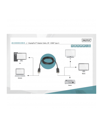 assmann Kabel adapter DisplayPort 1.2 z zatrzaskiem 4K 60Hz UHD Typ DP/HDMI A M/M czarny 3m