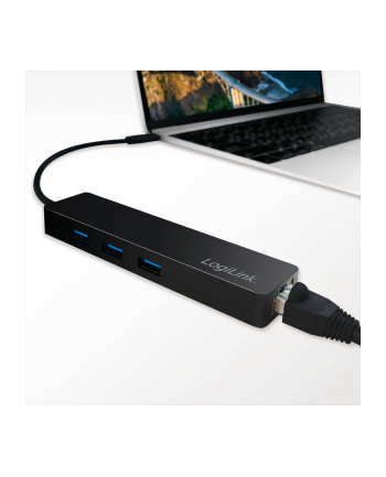 LOGILINK- Hub USB-C 3.1, 3-portowy + adapter gigabitowy, Ultra Slim, czarny