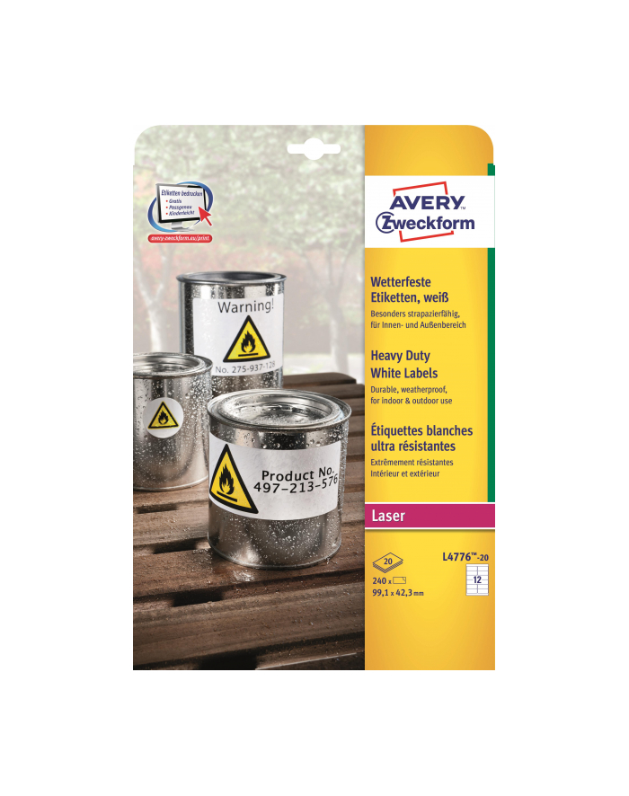 avery zweckform Etykiety wodoodporne Heavy Duty, 99,1 x 42,3mm, białe, do drukarki, 240 sztuk główny