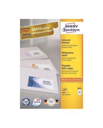 avery zweckform Uniwersalne etykiety samoprzylepne, 52,5 x 29,7mm, białe, do drukarki, 4000 sztuk