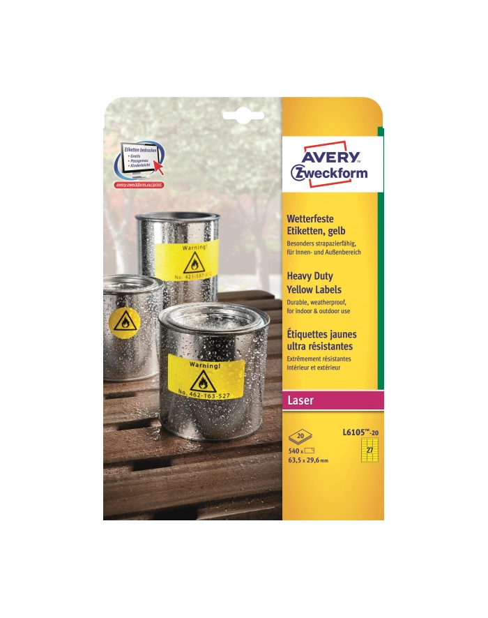 avery zweckform Etykiety wodoodporne Heavy Duty, 63,5 x 29,6mm, żółte, do drukarki, 540 sztuk główny