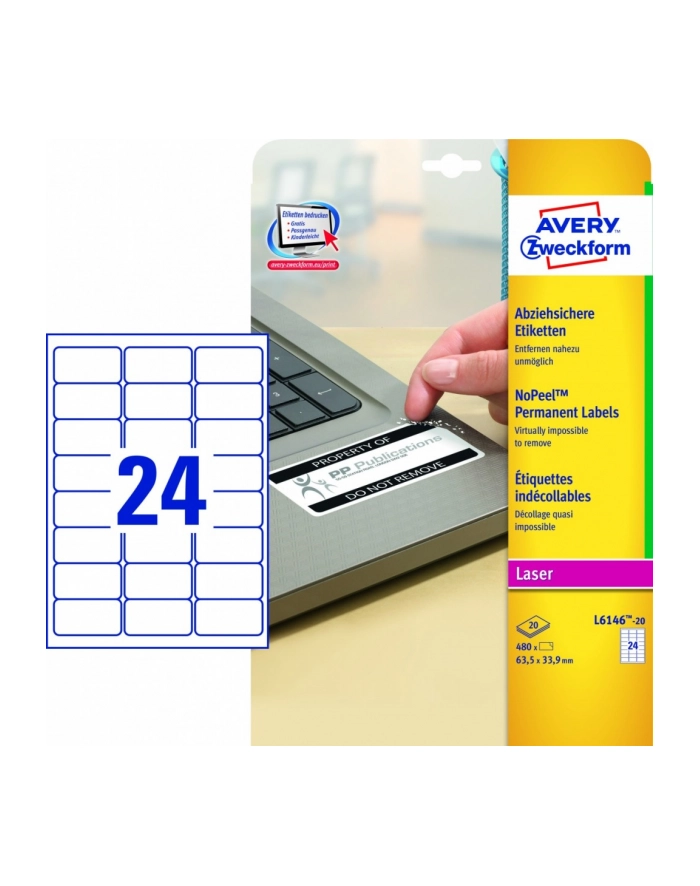 avery zweckform Etykiety zabezpieczające NoPeel 63,5 x 33,9mm, białe, 480 sztuk główny