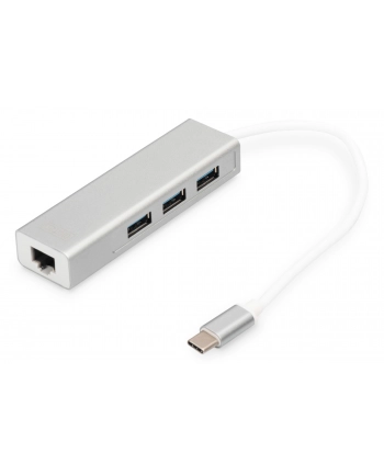 digitus HUB/Koncentrator 3-portowy USB Typ C, 3x USB A HighSpeed z Gigabit LAN adapter, aluminium