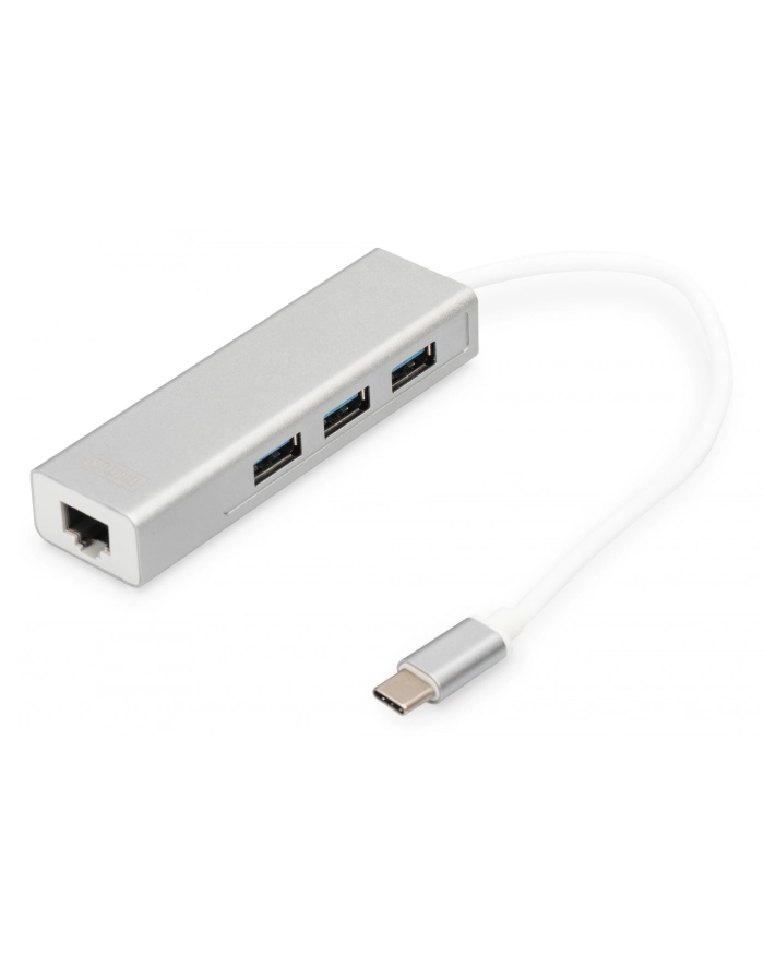 digitus HUB/Koncentrator 3-portowy USB Typ C, 3x USB A HighSpeed z Gigabit LAN adapter, aluminium główny