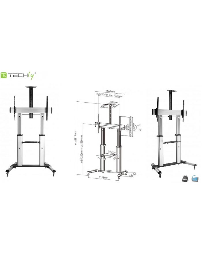 techly Stojak mobilny do dużych TV LCD/LED 60-100 cali 100kg VESA 2 półki główny