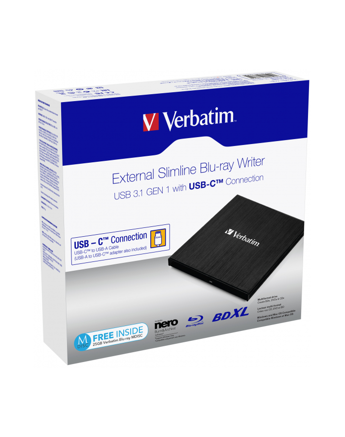 Verbatim External Slimline Blu-ray Writer USB 3.1 GEN 1 with USB-C Connection główny