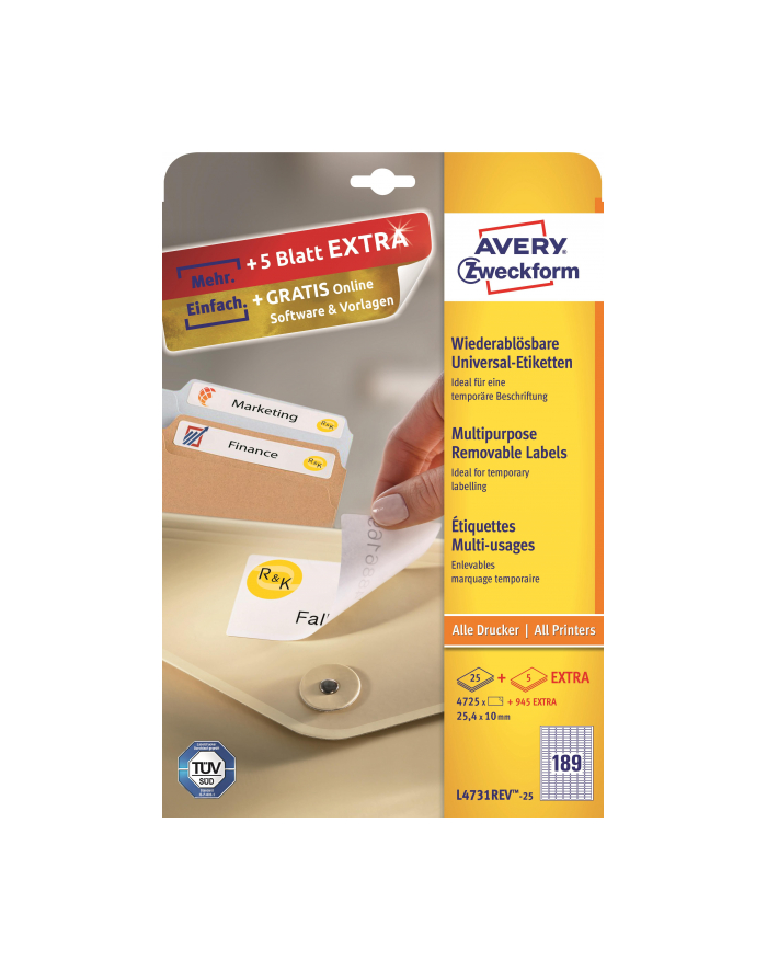 ETYKIETY UNIWERSALNE AVERY ZWECKFORM A4  25 ARK./OP.  63 5 X 29 6 MM  BIAŁE  USUWALNE L4731REV-25 główny