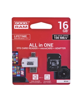 Karty pamięci z adapterem i czytnikiem kart GoodRam All in one M1A4-0160R12 (16GB; Class 10; Adapter  Czytnik kart MicroSDHC  Karta pamięci) nr 1