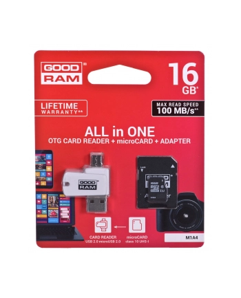 Karty pamięci z adapterem i czytnikiem kart GoodRam All in one M1A4-0160R12 (16GB; Class 10; Adapter  Czytnik kart MicroSDHC  Karta pamięci) nr 2