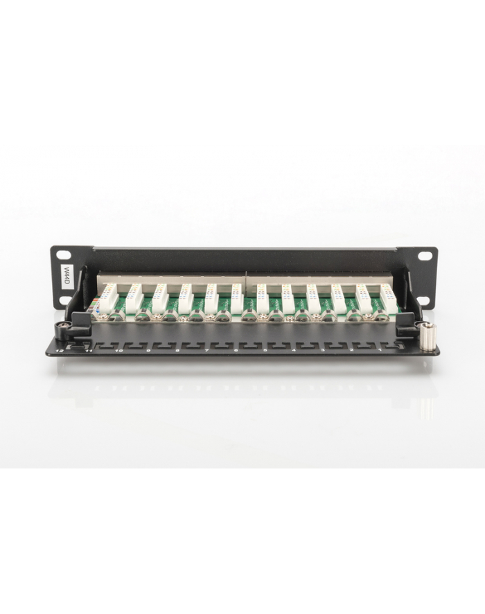 DIGITUS Patch panel 10'' 12-port. Kat.5e ekran 1U kompletny LSA, wspornik, szary główny