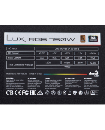 AEROCOOL LUX 750W RGB Zasilacz ATX 80 PLUS BRONZE