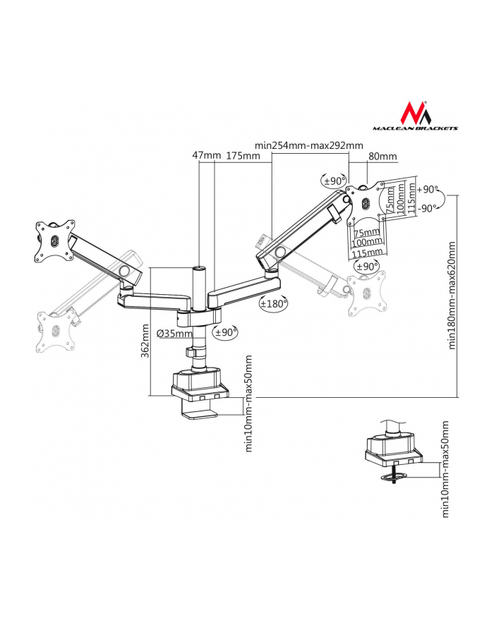 Uchwyt biurkowy do 2 monitorów Maclean MC-812 (biurkowy  Uchylny; 17  - 32 ; max 16 kg) główny